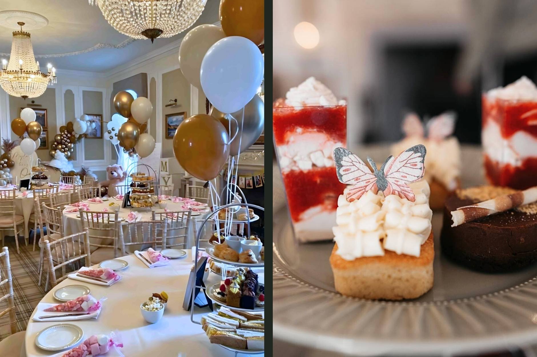 Two images from baby shower at teh Glenesk Hotel. Left image round tables set up with afternoon tea and balloons. Set in room with large chandeliers. Right image close up of afternoon tea cakes with butterfly detail