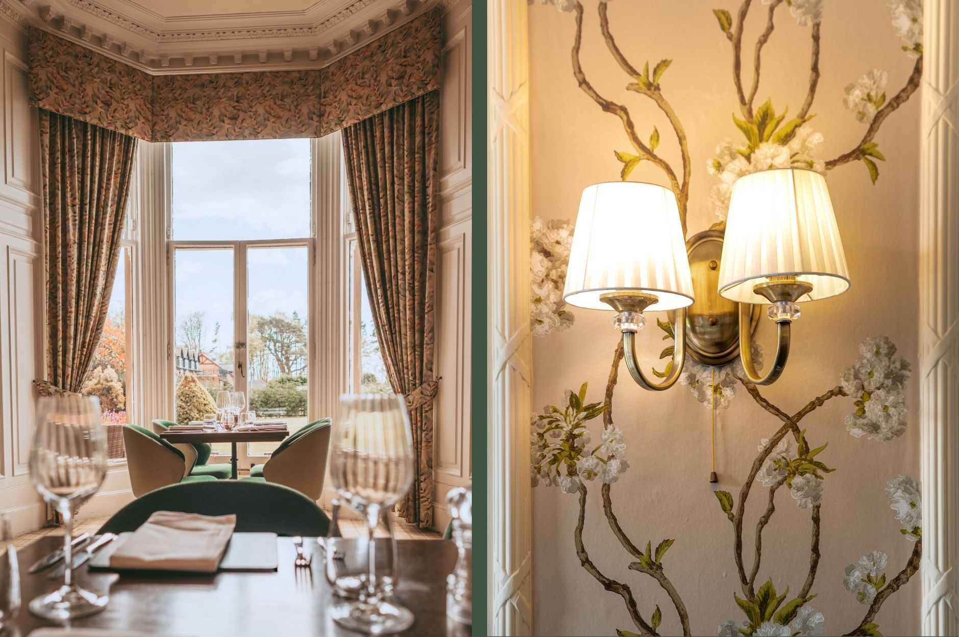 Two Images of the Glenesk Hotel Restaurant. Left image shot of the beautiful bay window with a dining table and decorative luxury curtains.. Roght Image close up shot of the beautiful wall lights and the decorative floral wallpaper