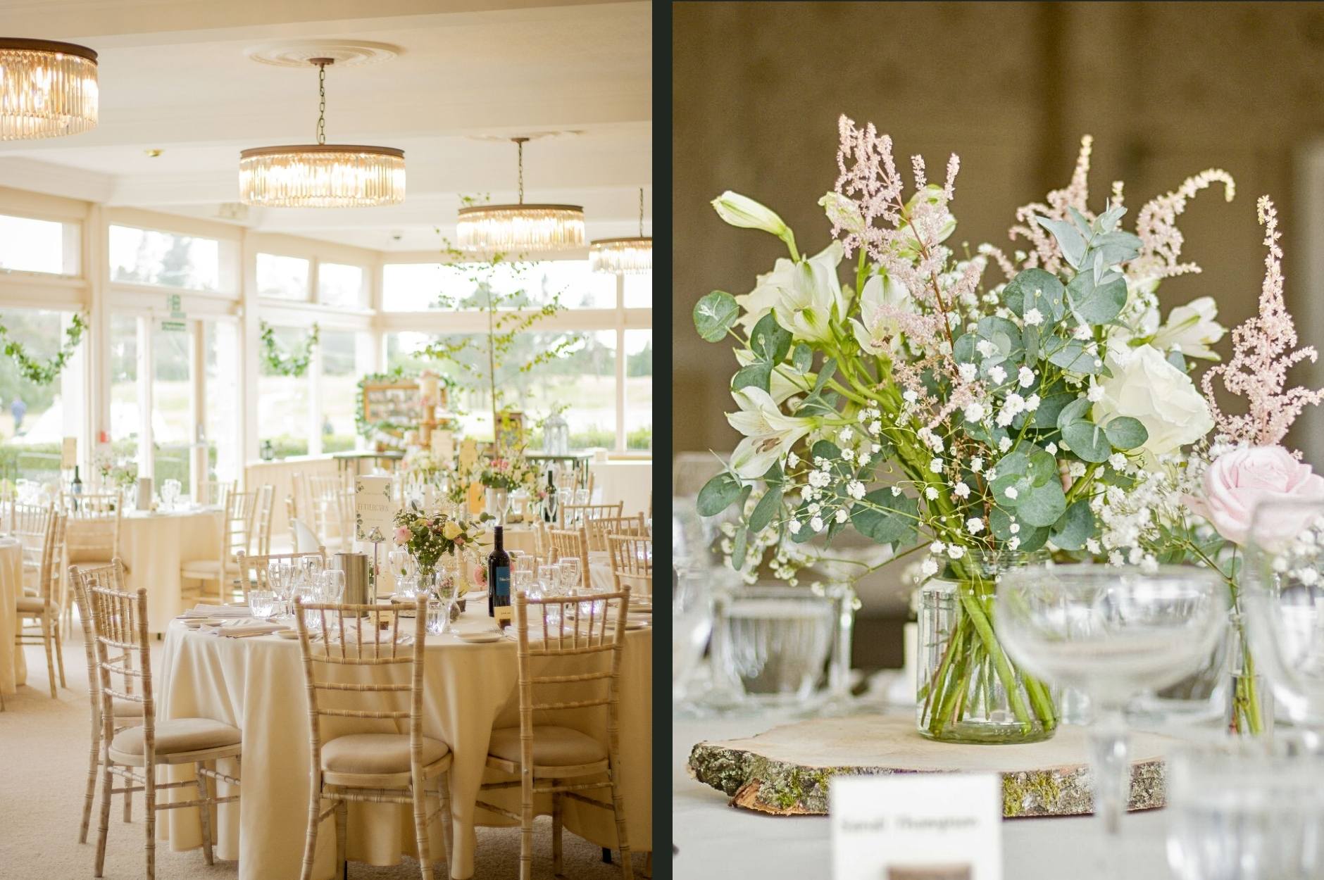 Two images showing a wedding set up at the Glenesk Hotel, Angus. Left image round tables set up with floral centrepiece, table settings, wine bottles and chandeliers in the ceiling. Right image close up shot of beautiful floral centrepiece on table
