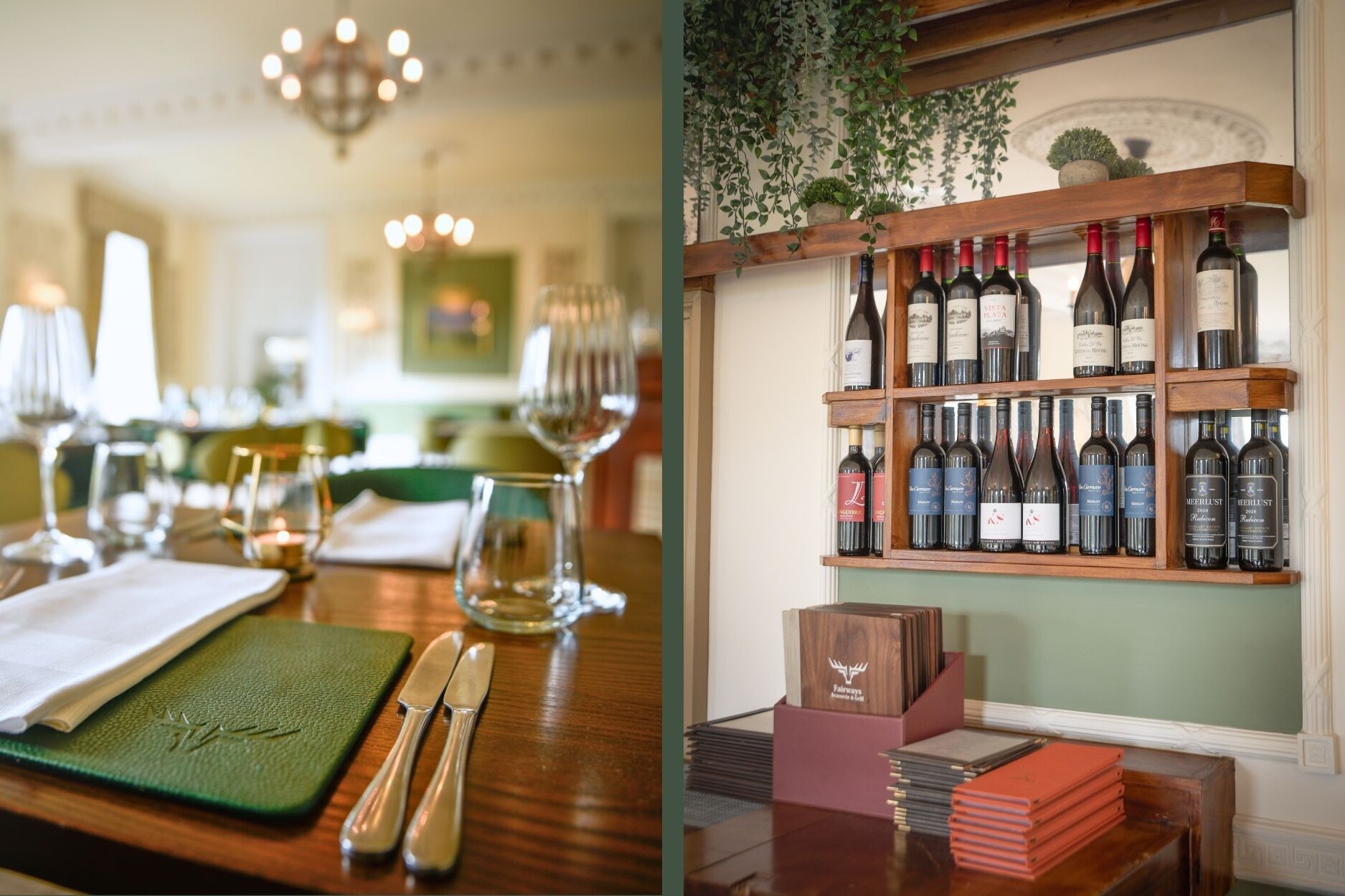 Two Images of Fairways Brasserie and Grill at the Glenesk Hotel, Angus. Left image close up of table palce setting, knives and place mat. Right image of wine rack with bottles and menus below.