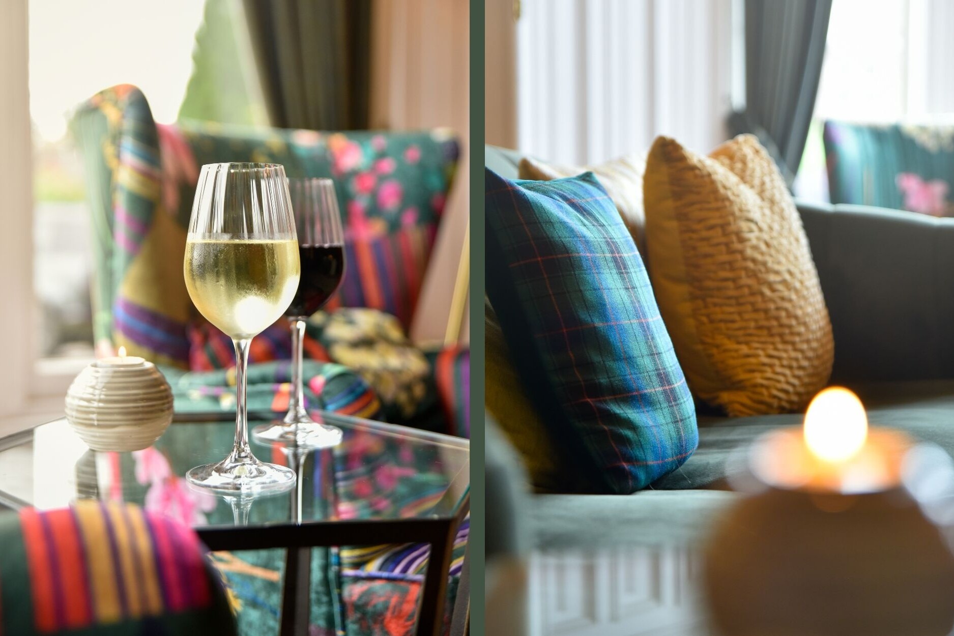 two images - left of two glasses of wine and a candle, right shot of cushion details on the sofa