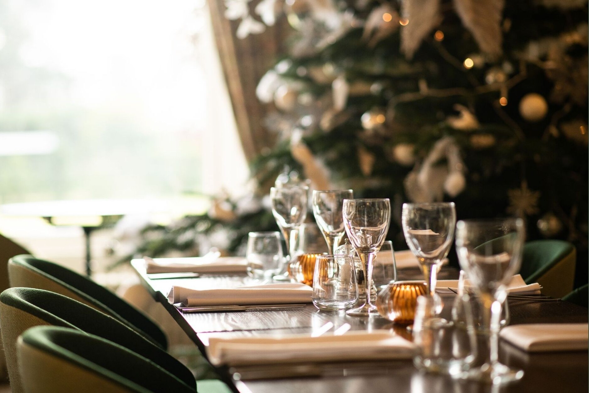 Close up shot of the wine glasses and table detail at the Glenesk Hotel restaurant