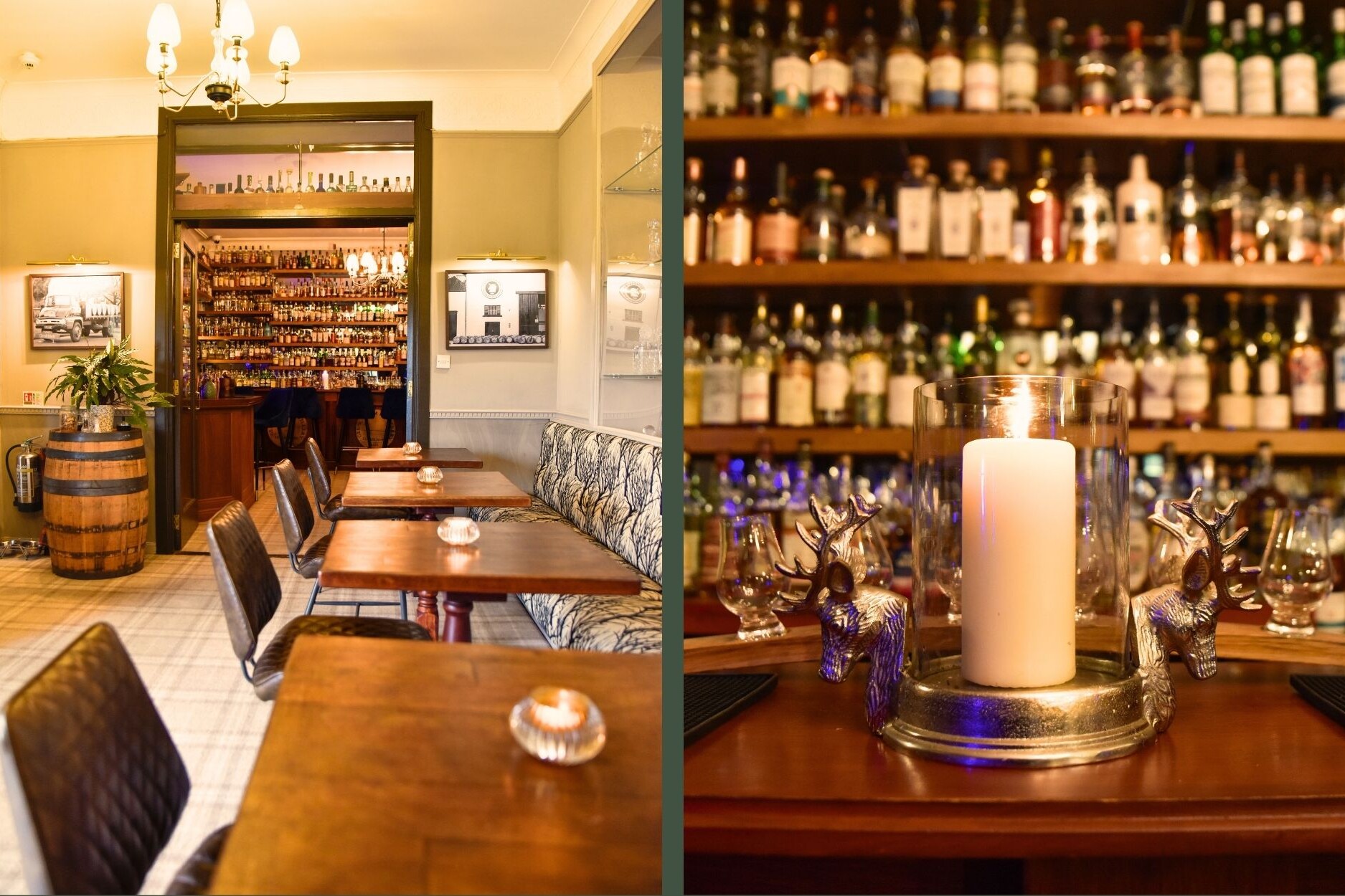 Two images. Left image, banquette seating at the Glenesk Hotel Whisky bar. Right iage close up of lit candle on bar with whisky bottles in background.